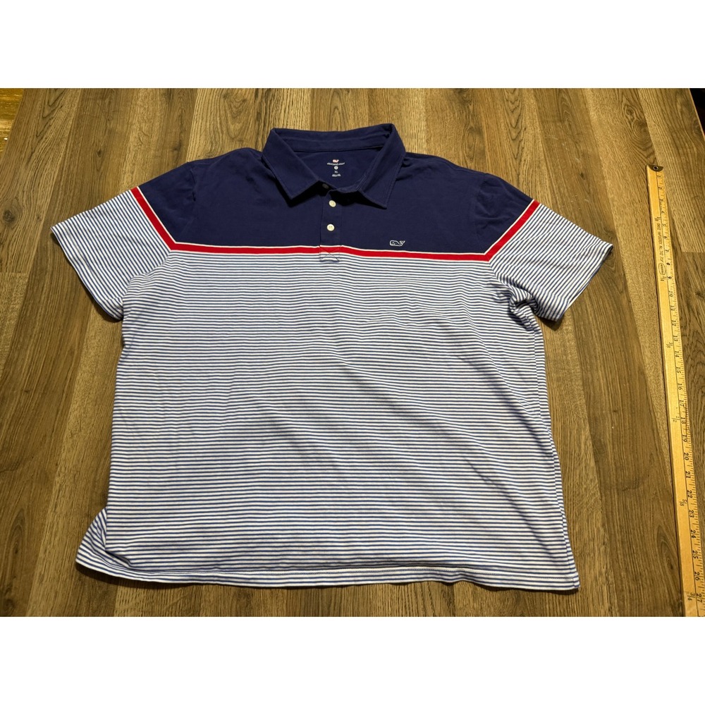 Vineyard Vines Polo Mens Size XL Blue Shirt Striped Chest Logo Short Sleeve